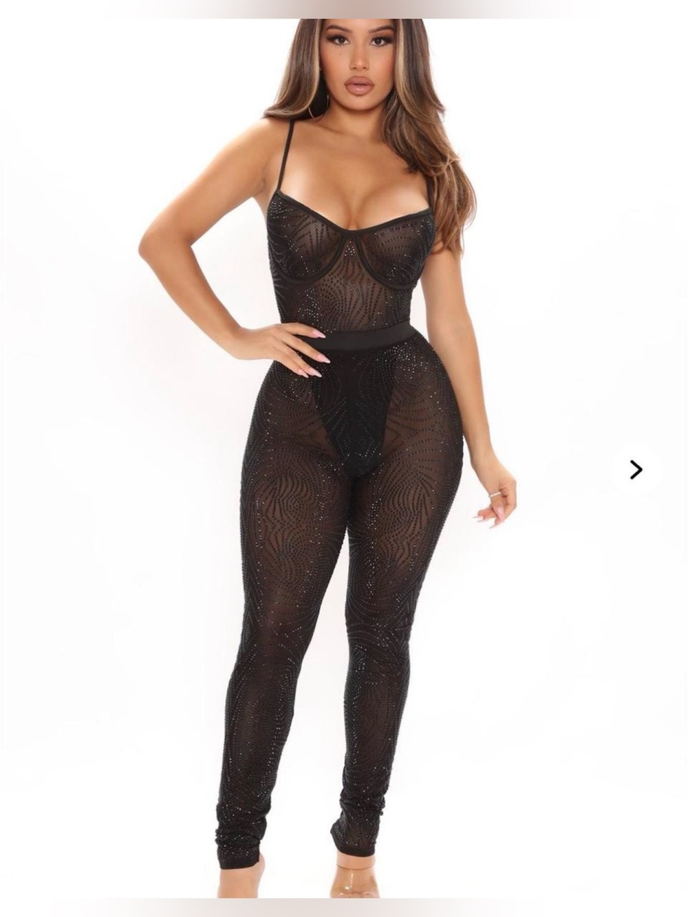 Fashion Nova Sheer Black Rhinestone Jumpsuit